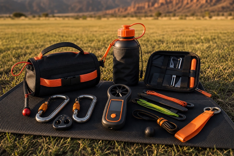 Paramotor accessories arranged on a gear mat