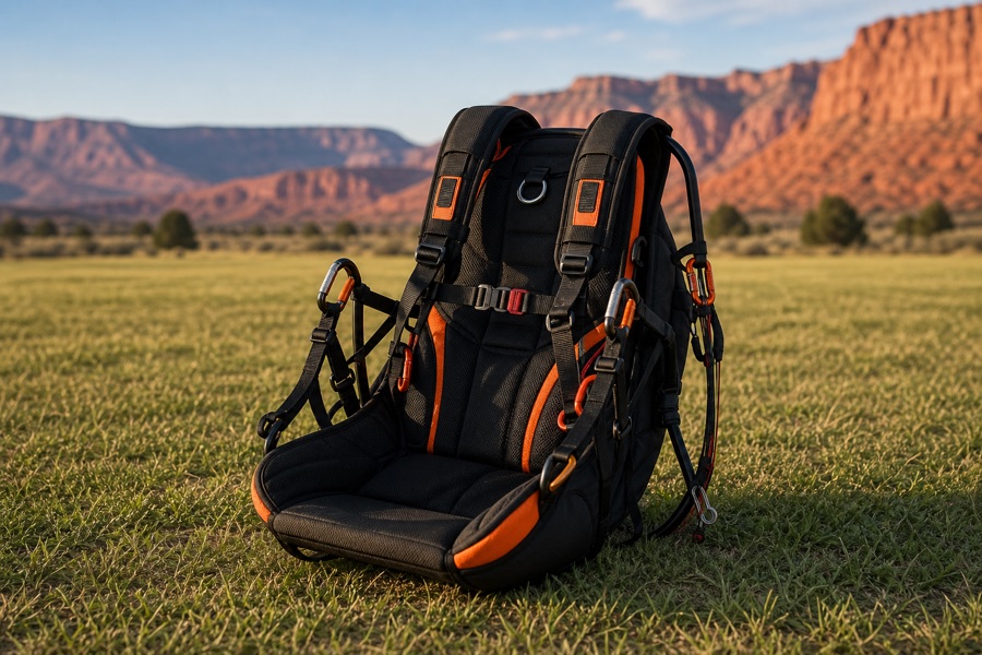 Paramotor harness and straps on grass