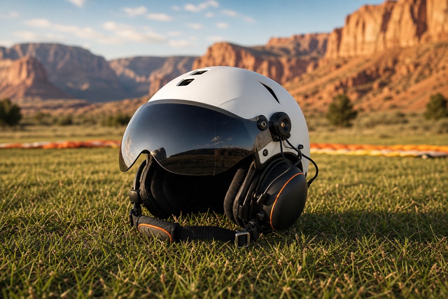 Paramotor helmet with visor and headset