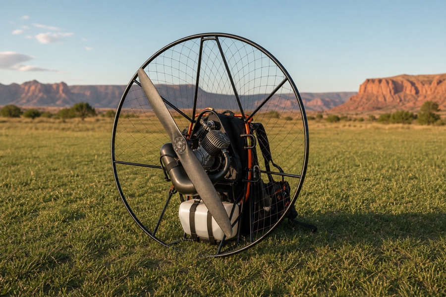 Paramotor engine and propeller cage on grass