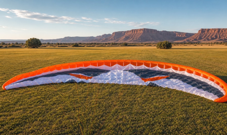 Powered paragliding wing laid out on grass